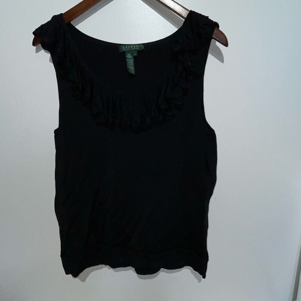 Lauren Ralph Lauren Women's Black Ruffled Scoop Neck Sleeveless Blouse Large